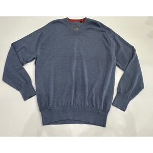 Orvis Mens XL Blue Merino Wool Blend V-Neck Sweater Embroidered Fly Logo Knit